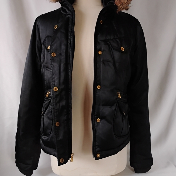 Women's Guess Black & Gold Winter Puffer Coat Hooded Jacket with Faux Fur Trim - Picture 5 of 16